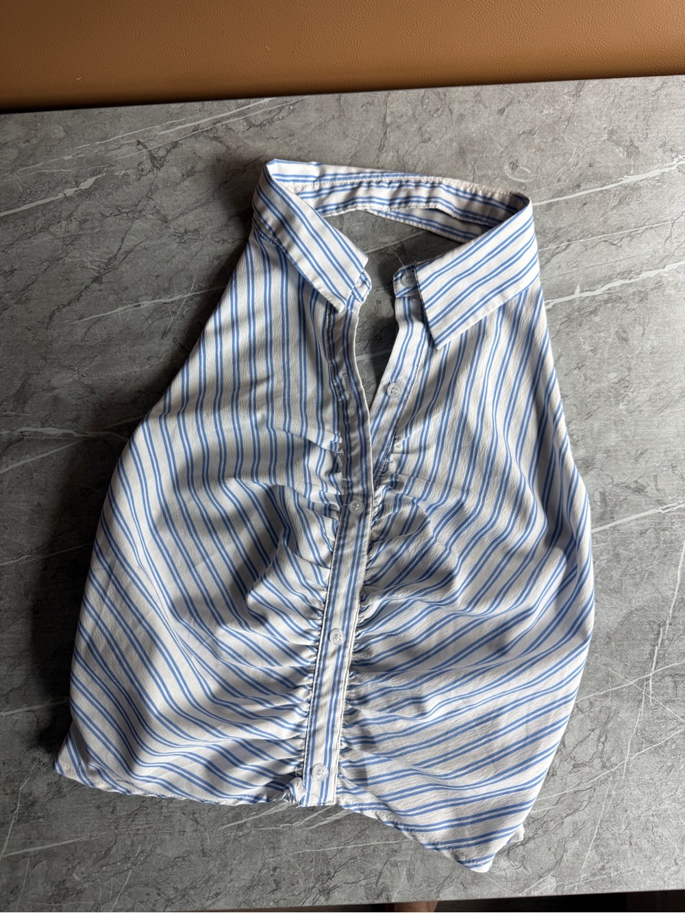 Milk + Honey Blue + White Striped collared sleeveless blouse